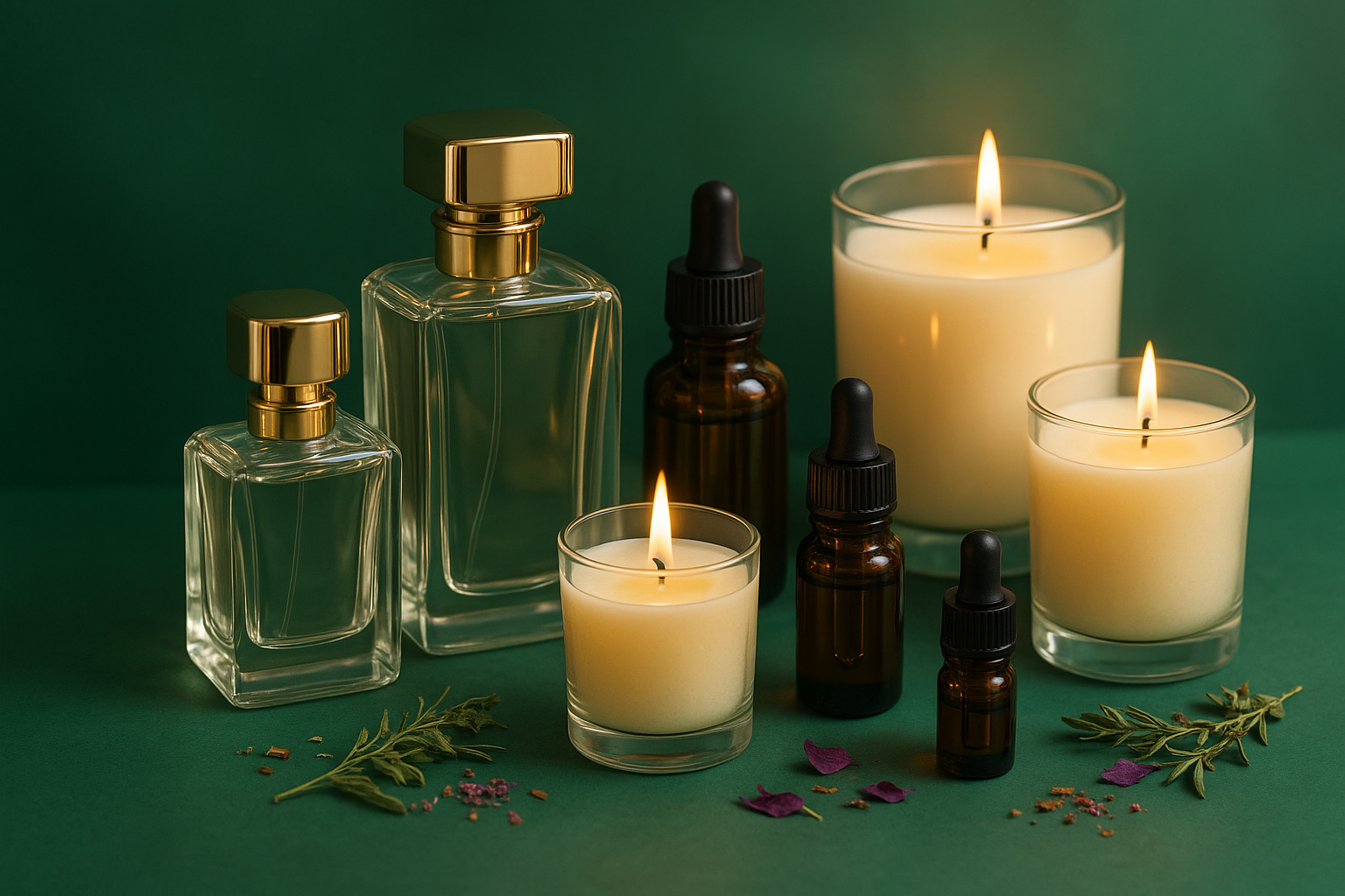 fragrances, perfumed candles, essential oils with green background theme